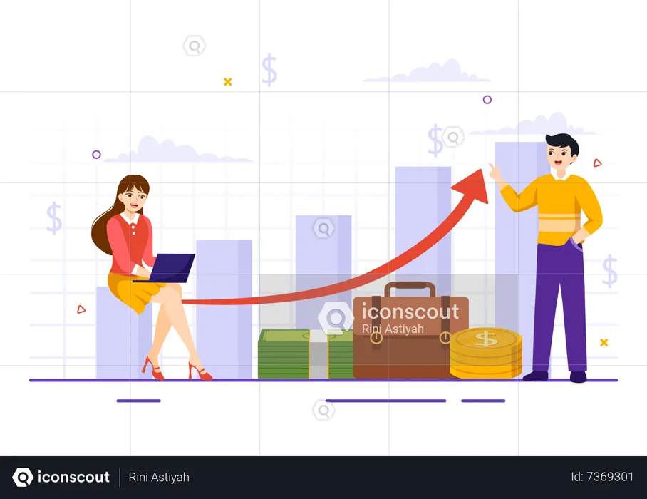 Young man and woman working on financial growth  Illustration