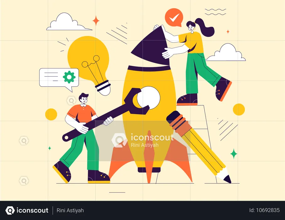 Young man and woman working on startup management  Illustration