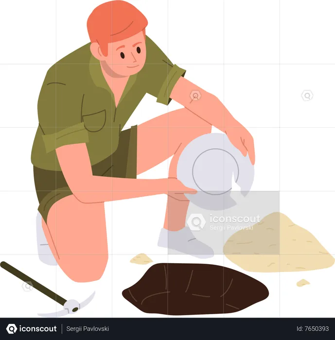 Young man archeologist character finding ancient utensil while digging soil ground  Illustration