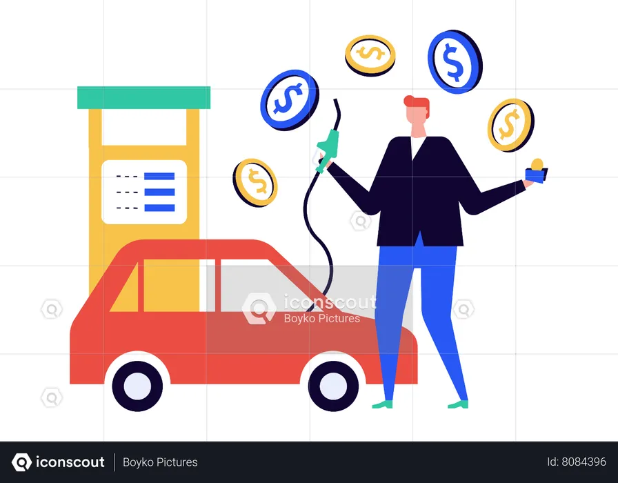 Young man at a gas station wanting to pay for gasoline  Illustration