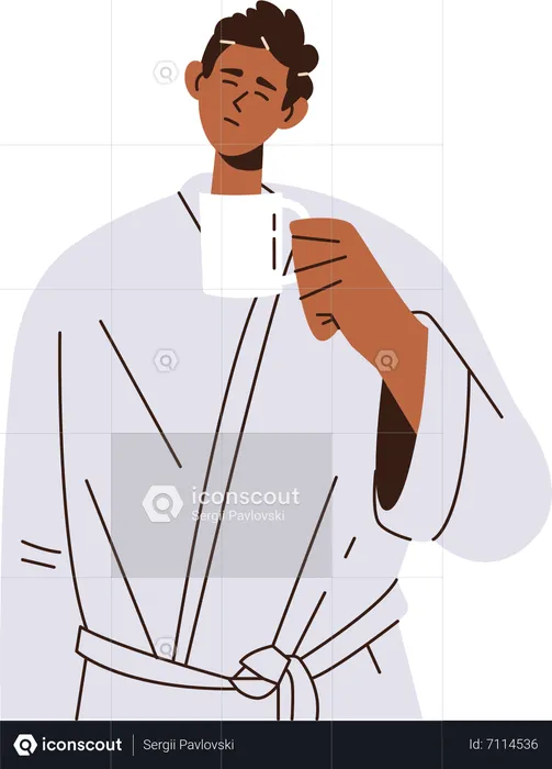 Young man bathrobe with cup of hot coffee  Illustration