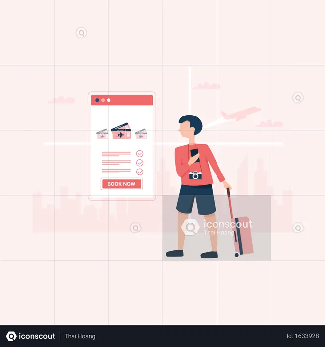 Young man book air tickets for travelling  Illustration