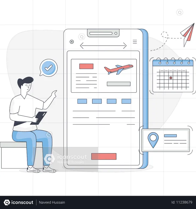 Young man booking flight online  Illustration