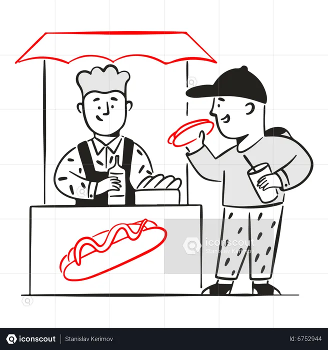Young man bought hotdog at stall  Illustration