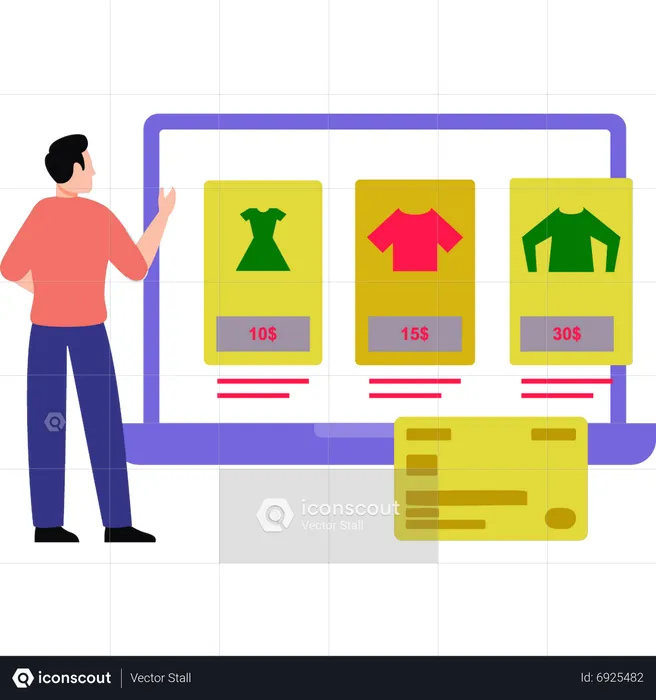 Young man buying clothes at discount  Illustration