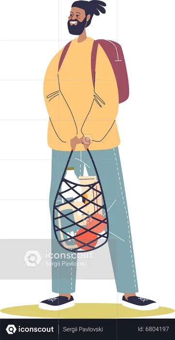 Young man carry food in reusable eco shopping bag packing  Illustration