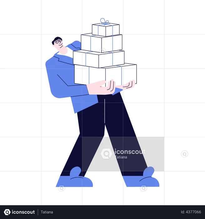 Young man carrying a huge stack of gifts  Illustration