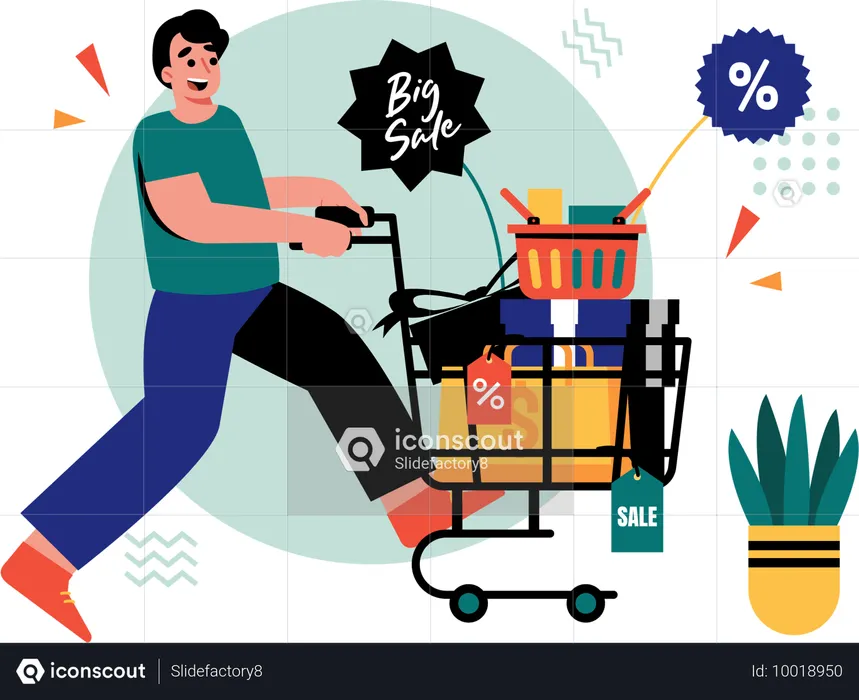 Young man carrying trolley of discounted goods  Illustration