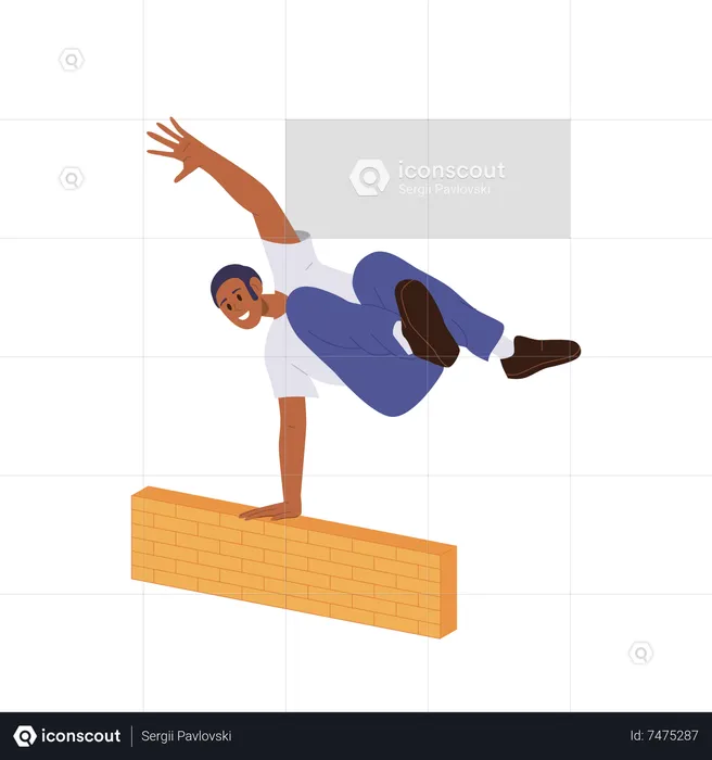 Young man character jumping over wall barrier on street  Illustration