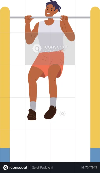 Young man character pulling up using street bar equipment  Illustration
