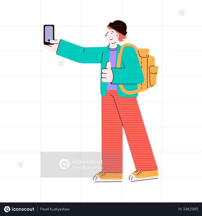 Young man character - student or traveler, tourist with backpack doing selfie photo using mobile phone  Illustration