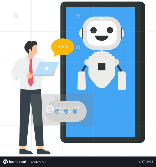 Young man chatting with robots and asking questions and receiving answers  Illustration