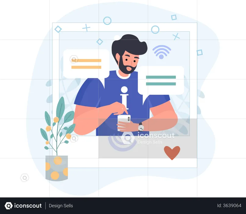 Young man check social media post in smartphone  Illustration