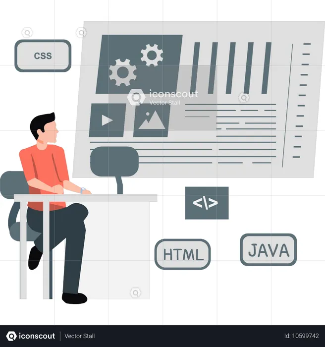 コンピュータープログラミング言語をチェックする若い男性  イラスト