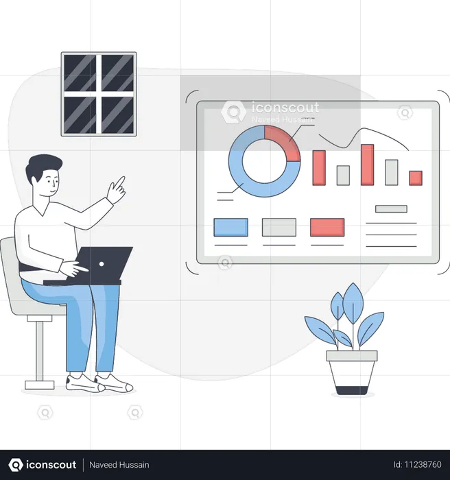 Young man checking pie chart garph  Illustration