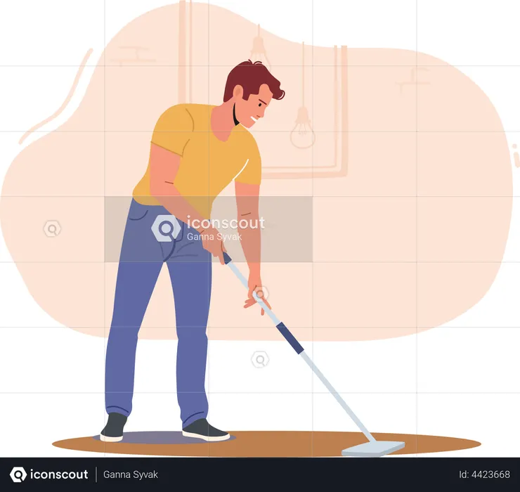 Young Man Cleaning Floor with Mop  Illustration