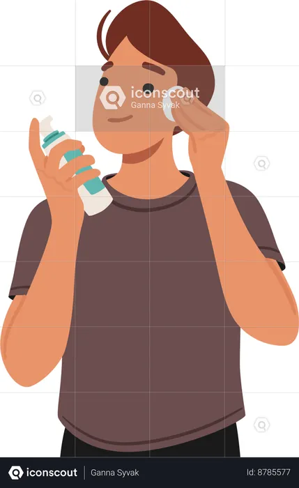 Young Man Cleanses Face With Refreshing Tonic  Illustration