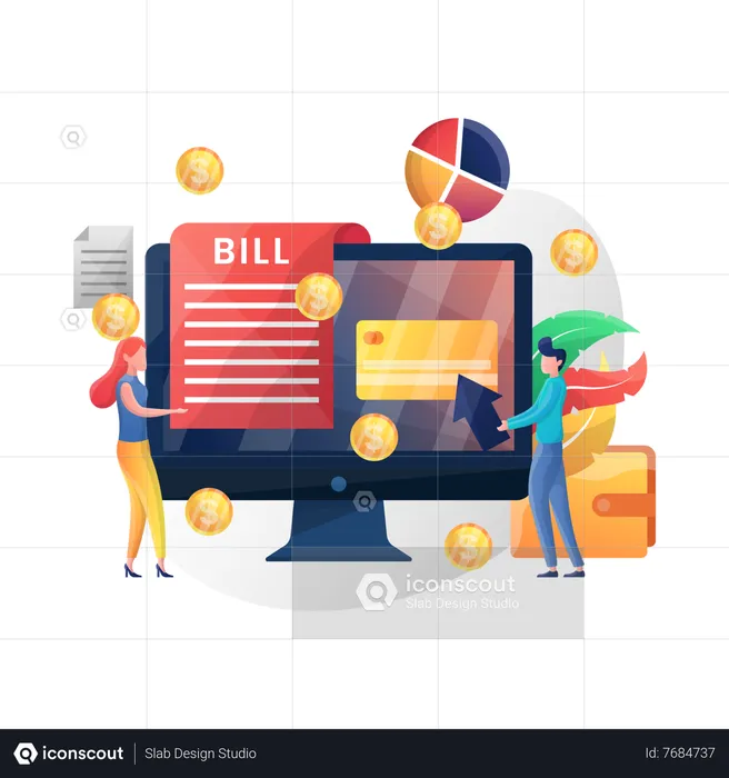 Young man click on credit card bill  Illustration