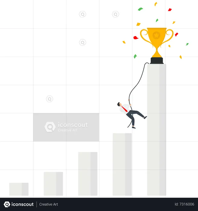 Young man climbing tightrope to top of growing graph  Illustration