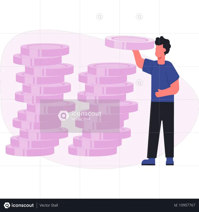 동전을 모으는 청년  일러스트레이션