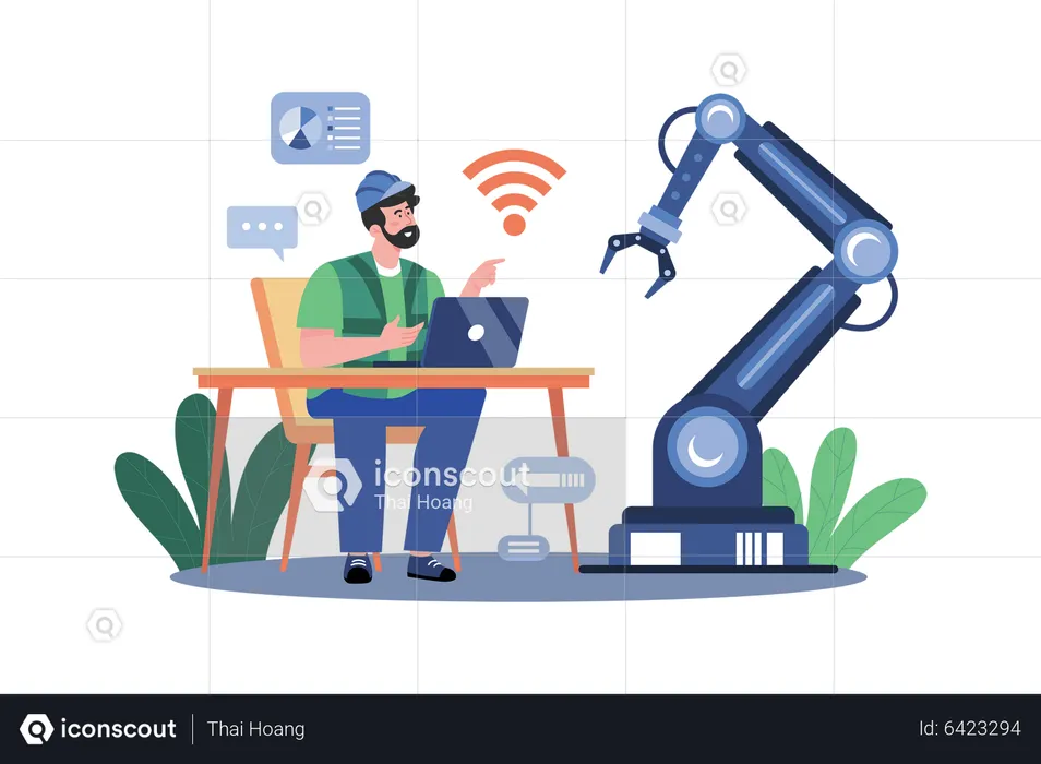 Young Man Controlling Factory Robot With Laptop  Illustration