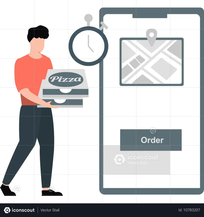 Young man deliver pizza to order location  Illustration