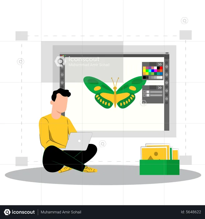 Young man designing butterfly  Illustration