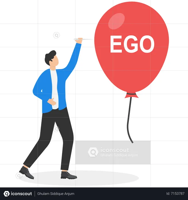 Young man destroy ego balloon  Illustration
