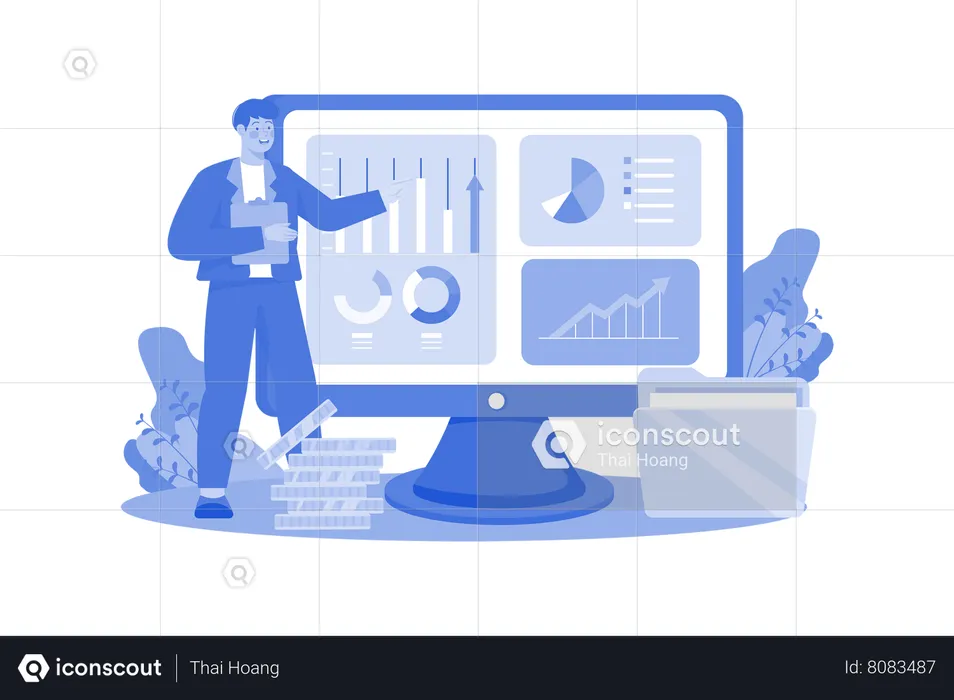 Young man doing business analyst prepares report on industry trends  Illustration