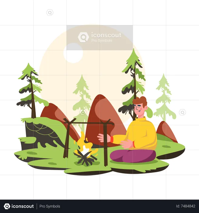 Young man doing camping and bonfire in forest  Illustration