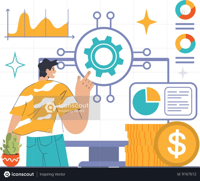 Young man doing financial analysis management  Illustration