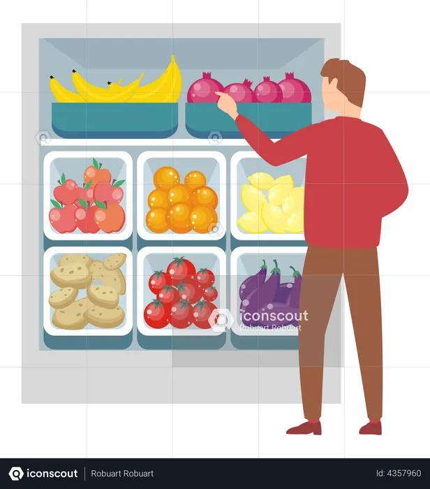 Young man doing grocery shopping at supermarket  Illustration