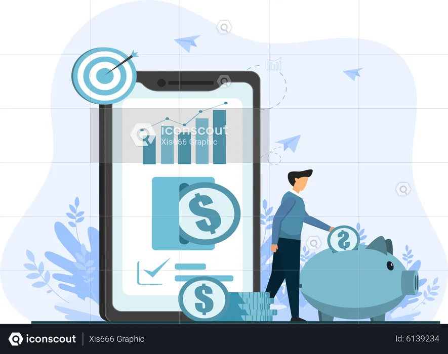 Young Man Doing Investment In Piggy Bank Through Mobile  Illustration