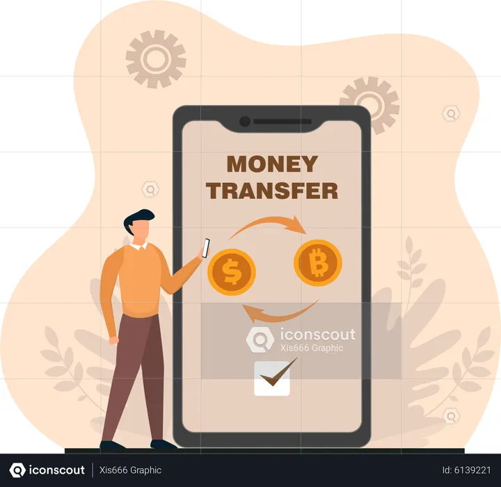 Young Man Doing Money Transfer Through Mobile  Illustration