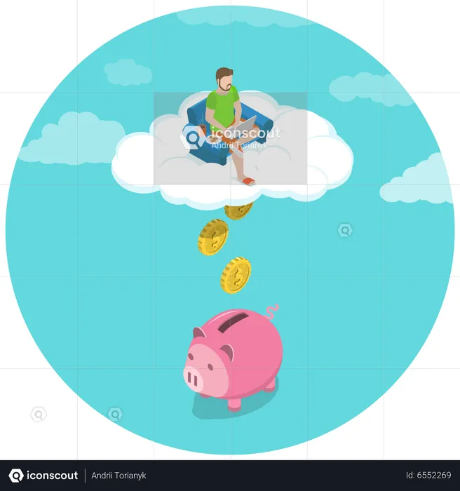 Young man doing savings money in piggy bank  Illustration
