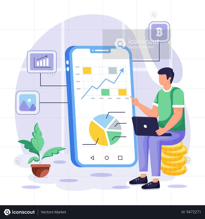 Young man doing trading analysis using Trading App  Illustration