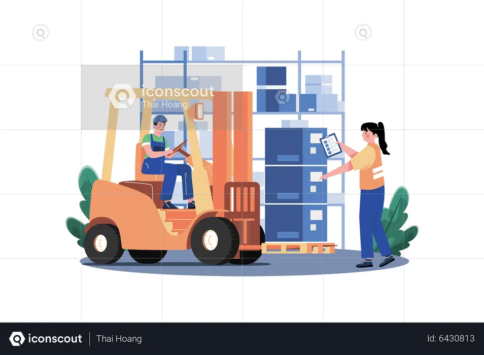Young Man Drive Forklift Lifting Weight And Girl Checking Delivery Order List  Illustration