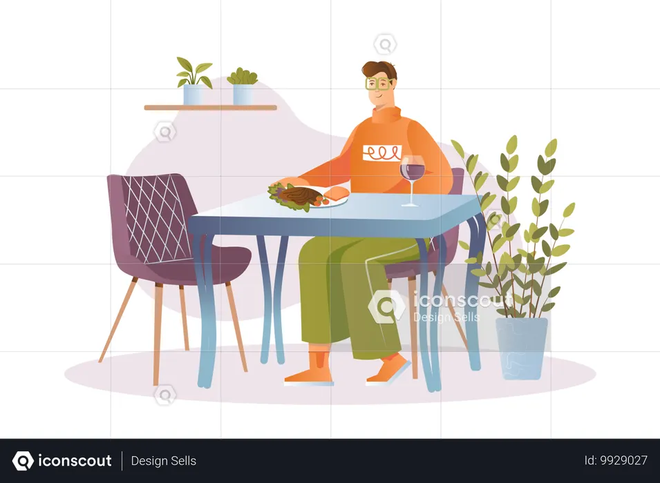 レストランでおいしいディナーを楽しむ若い男性  イラスト