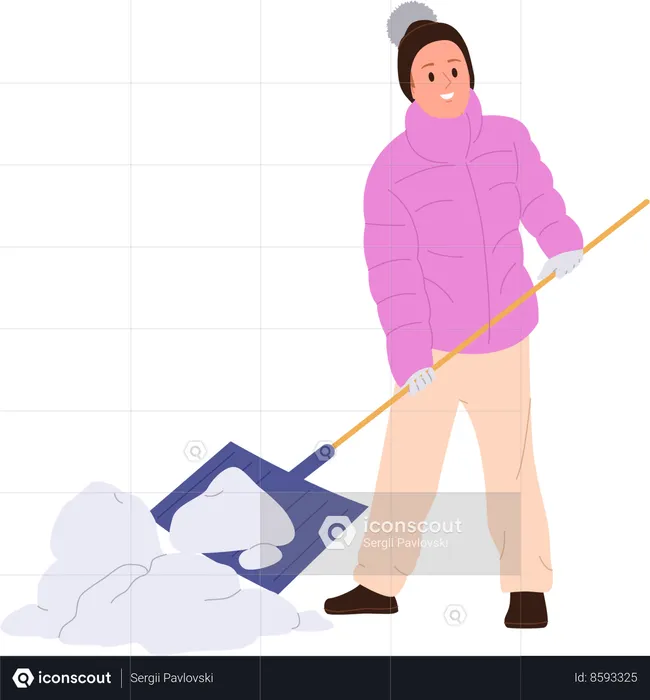 Young man enjoying seasonal work yard cleaning snow with shovel  Illustration