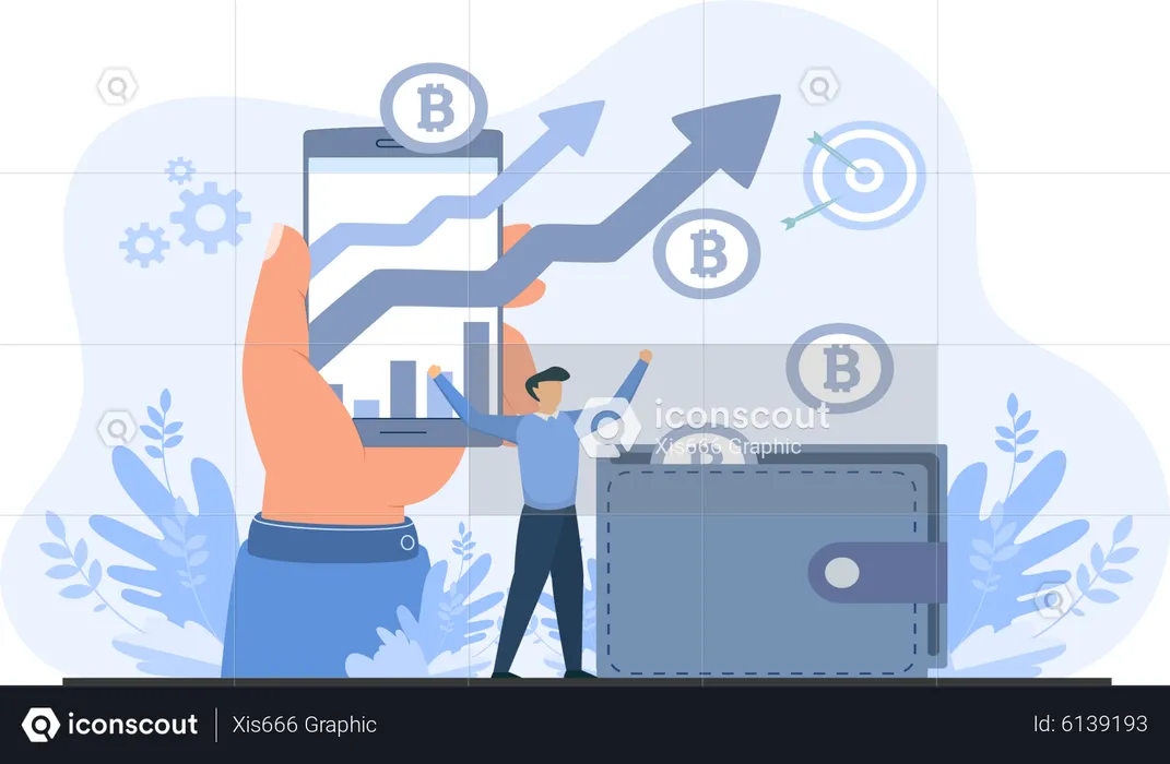 Young Man Enjoying The Rise Of Bitcoin Crypto Trend  Illustration