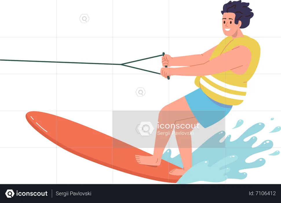 Young man enjoying water skiing in sea  Illustration
