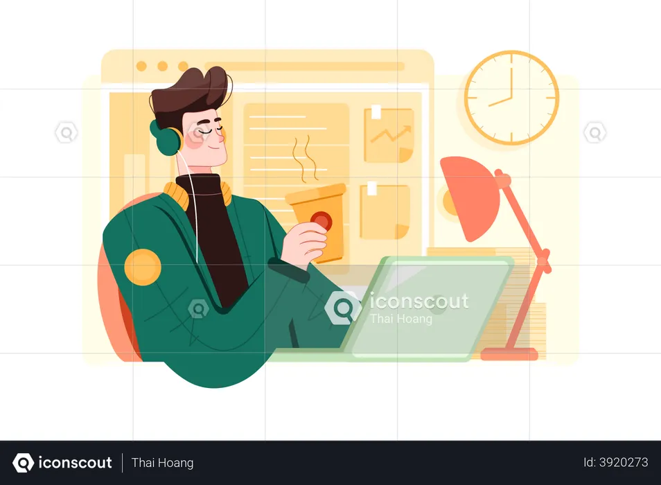 Young man enjoys working space  Illustration