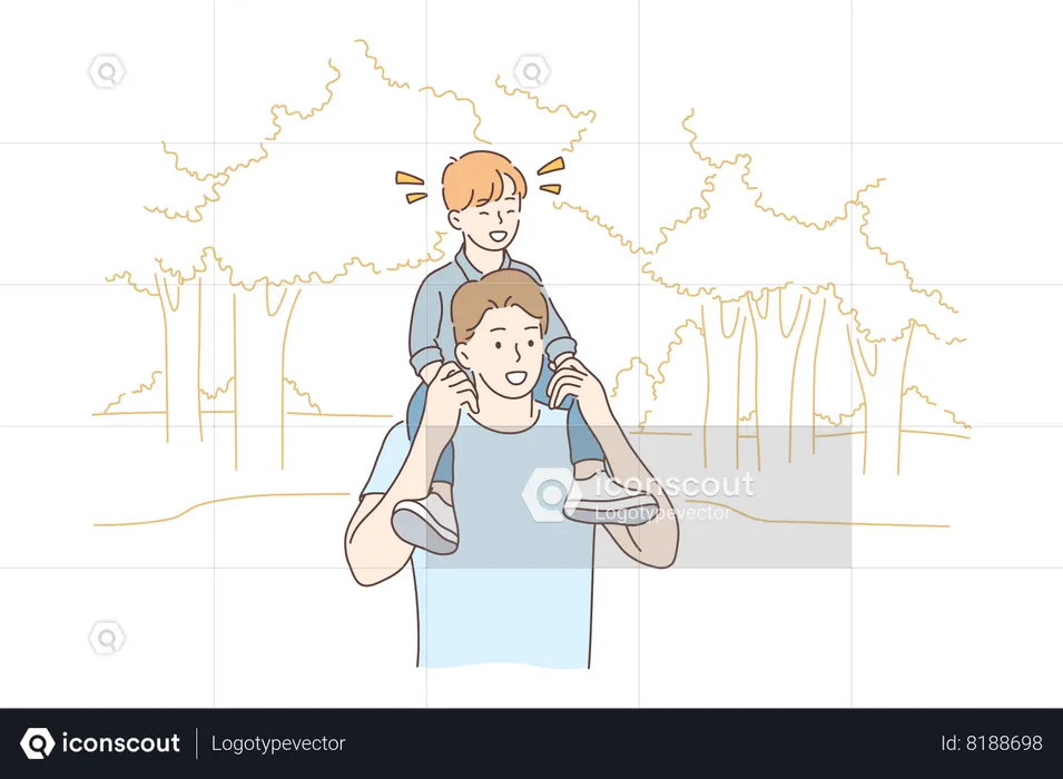 Young man father carrying and walking with son on shoulders in park  Illustration