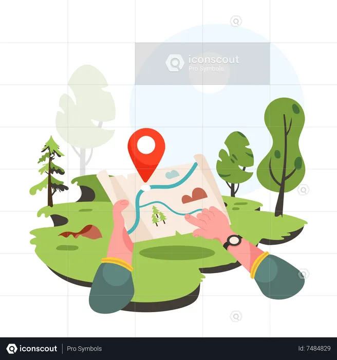 Young man finding location for camping on map  Illustration