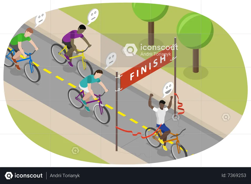 Young man finishing cycle racing competition  Illustration