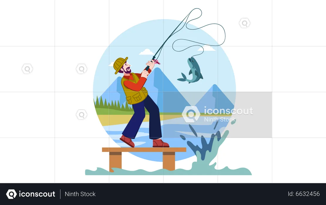Young man finishing using fishing rope  Illustration