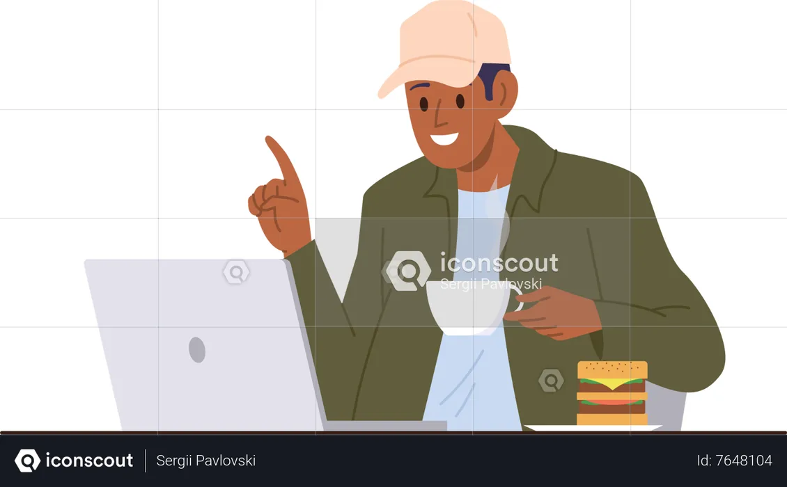 Young man freelancer having nice conversation using video chat  Illustration