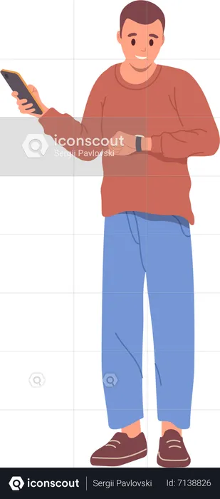 Young man freelancer holding phone and looking at wristwatch  Illustration