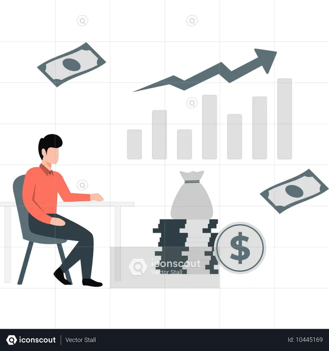 Young man getting profit on investment money  Illustration