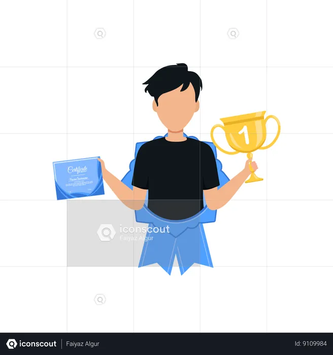 Young man getting trophy and certificate  Illustration